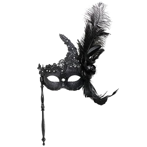 Thmyo Feder Strass Maskerade Maske mit Haltestab - Venezianische Halloween Kostüm für Karneval - Metall Maskerade für Frauen, RAE153U250712COVO79O3TZ9, Maks-3 von Thmyo