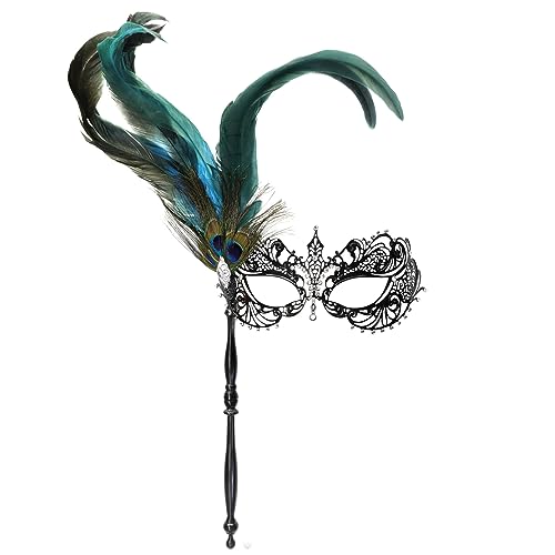 Thmyo Strass Pfauenfedern Venezianische Halloween Kostüm Maske mit Haltestab, venezianische Karneval Feder Metall Maskerade Maske für Frauen von Thmyo
