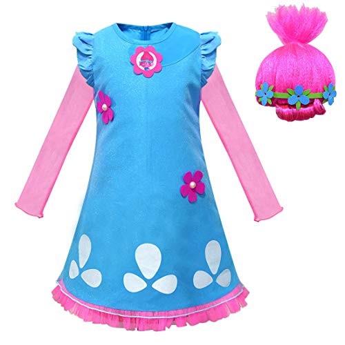 Kinder Trolls Poppy Princess Fancy Dress Outfit Halloween Cosplay Kostüme mit Perücke (Stil 1, 9-10 Jahre) von Thombase
