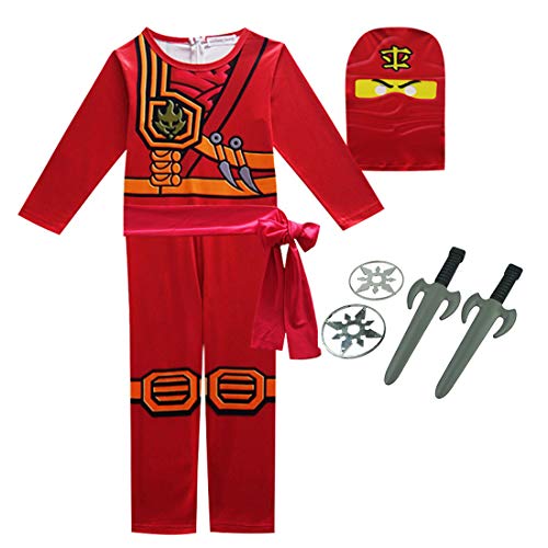 Thombase Ninja Krieger Verkleidung Outfit Kostüm für Jungen Kinder Cosplay und Dress Up Party Clotrhes mit Waffe Gr. Medium, rot von Thombase