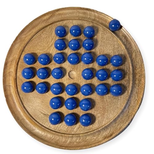 30 cm Durchmesser, Mango Hellbraunes Holz-Solitär-Brettspiel mit opalblauen Glasmurmeln, klassisches Solitär-Spiel aus Holz, Strategie-Brettspiel, Familien-Brettspiel, Spiele für eine Person, von Thorness