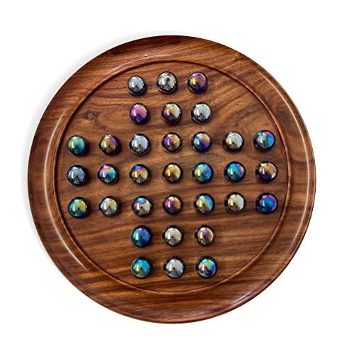 Solitaire-Brettspiel aus Holz, 30 cm Durchmesser, mit blauen Glasmurmeln, klassisches Solitär-Spiel aus Holz, Strategie-Brettspiel von Thorness