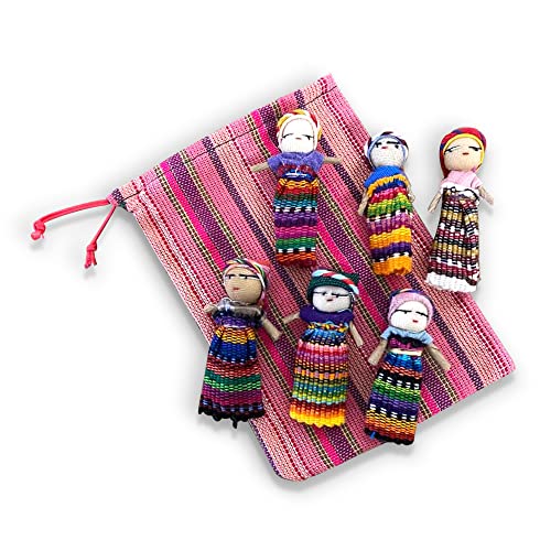 Thorness Set mit 6 handgefertigten guatemaltekischen Sorgenpuppen mit farbenfroher Aufbewahrungstasche von Thorness