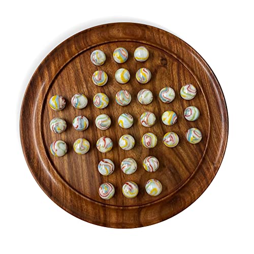 Holz-Solitär-Brettspiel mit Glaspfanne, 30 cm Durchmesser, amerikanische weiße Murmeln mit bunten Wirbeln, klassisches Solitärspiel aus Holz, Strategie-Brettspiel, Familien-Brettspiel, Spiele für Holz-Solitär-Brettspiel mit Glaspfanne, 30 cm Durchmesser, amerikanische weiße Murmeln mit bunten Wirbeln, klassisches Solitärspiel aus Holz, Strategie-Brettspiel, Familien-Brettspiel, Spiele für von Thorness
