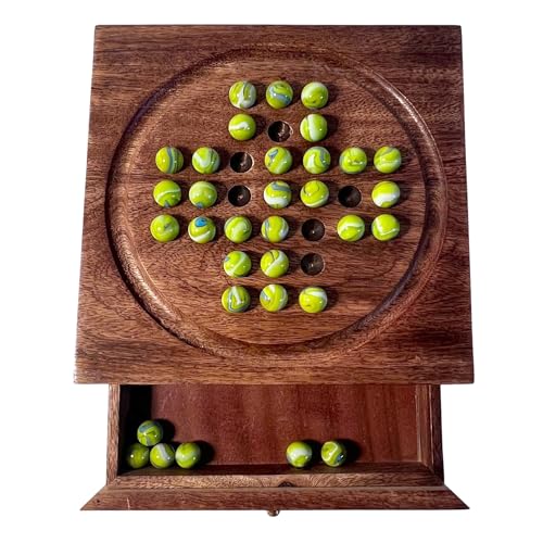 Holz-Solitär mit Schublade für Koboldmurmeln | Reisespiele | Strategische & Traditionelle Spiele | Perfekt für Erwachsene & Familienspaß von Thorness
