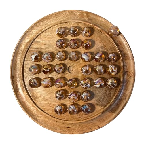 Solitär-Brettspiel aus Mango-Holz, 30 cm Durchmesser, mit rosa Glasmurmeln, klassisches Solitär-Spiel aus Holz, Strategie-Brettspiel von Thorness