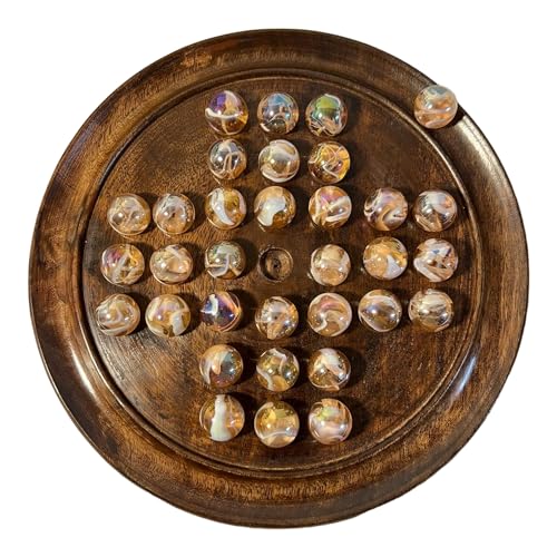 Thorness Solitär-Brettspiel aus dunklem Holz, 30 cm Durchmesser, mit rosa Glasmurmeln, Solitär-Spiel, Strategie-Brettspiel, Familien-Brettspiel, Spiele für eine Person, Brettspiele Braun von Thorness