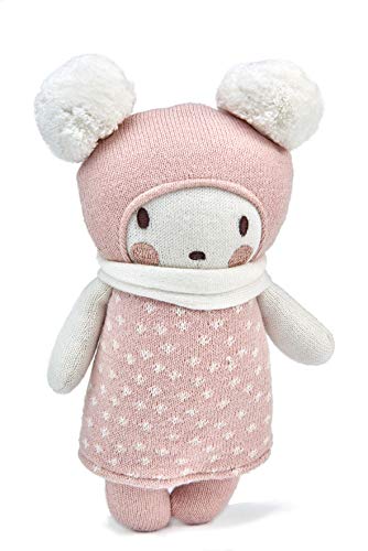 Baby Bella Strickpuppe, super weicher Teddybär mit Pompons für Babys und Kleinkinder in rosa und weiß Taufe und Geburt Geschenkbox Geschenkidee für Kinder von ThreadBear Design
