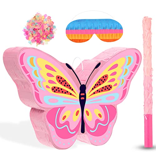 Schmetterling Pinata Paket Schmetterling Thema Pinata Set für Mädchen inklusive Rosa Schmetterling Pinata Schläger und Augenbinde für Schmetterling Geburtstag Party Zubehör Deko (Schmetterling) von Threan