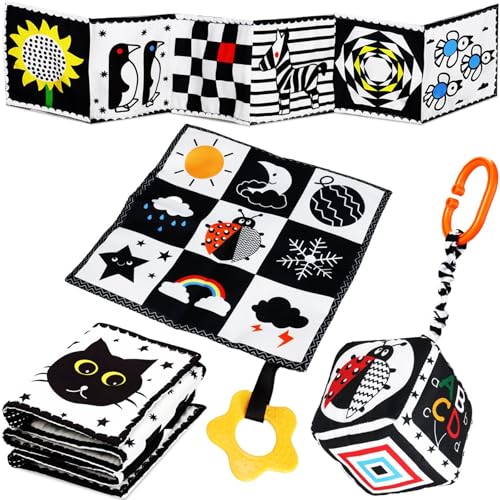 Baby Spielzeug 0-3 Monate, Kontrast Spielzeug Baby Stoffbuch Knistertuch Würfel, Kontrastbuch Schwarz Weiß, Black & White Kinderwagen Spielzeug Geschenksets Babyspielzeug 0 3 6 12 Monate(3PCS) von Threegoat