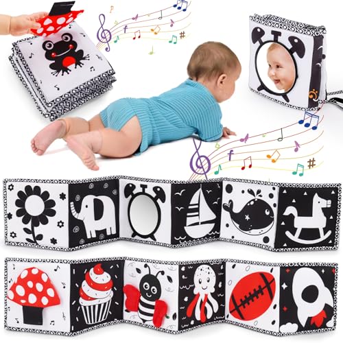Schwarz-Weiß-kontrastreiches Babyspielzeug, 0-3-6 Monate, 0-3-6 Monate, sensorisches Musikspielzeug für Babys von 0-2-4-6 Monaten, Gehirnentwicklung, Buch von Thremhoo