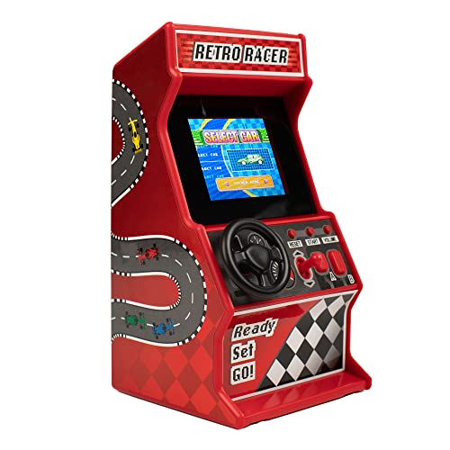 Mini-Arcade-Rennmaschine, 30 integrierte 8-Bit-Rennspiele, Auto-, Fahrrad-, Boots- und Skispiele, 2,4-Zoll-Vollfarbbildschirm, Lenkrad, Schalthebel, 2 Tasten, ThumbsUp! von Thumbs Up