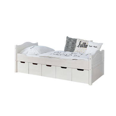 TiCAA Einzelbett Leni 90 x 200 cm Kiefer weiß mit 5 Schubladen von TICAA