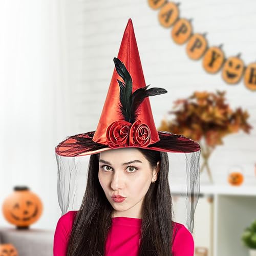 Tiajingzi Hexenhüte | Hexen Hut Mit Breiter Krempe Halbschleier Und Blume | Tragbares Halloween Kostümzubehör Für Damen Karneval Fantasy Festival Tiajingzi Hexenhüte | Hexen Hut Mit Breiter Krempe Halbschleier Und Blume | Tragbares Halloween Kostümzubehör Für Damen Karneval Fantasy Festival von Tiajingzi