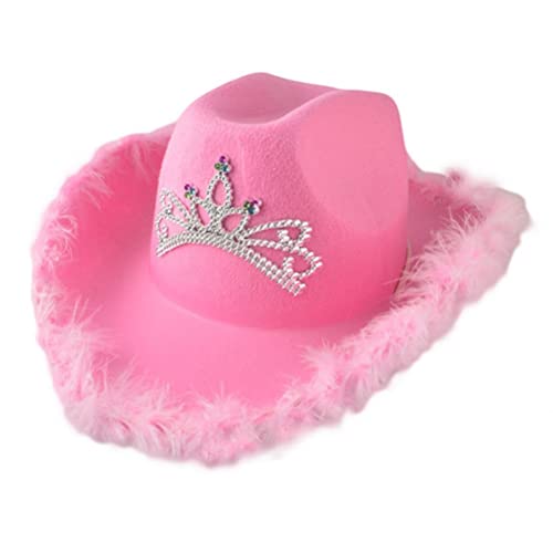 Tianbi Pinker Cowboyhut für Damen, Filz-Western-Cowboyhut mit Halsband, Krone, rosa Cowgirl-Hut, Cosplay-Party-Kostüm-Zubehör, Spielverkleiden für Frauen von Tianbi