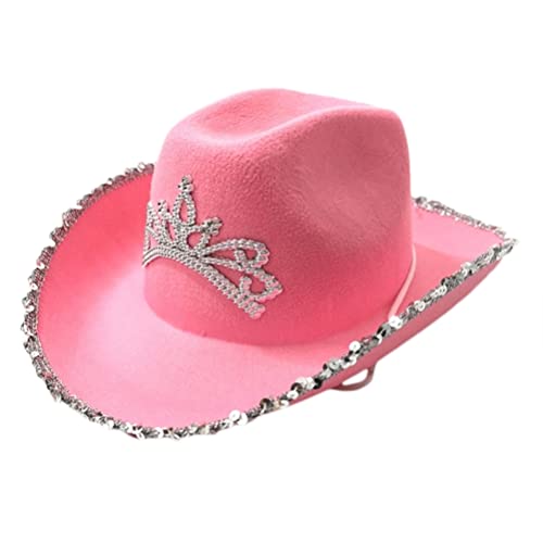 Tianbi Pinker Cowboyhut für Damen, Filz-Western-Cowboyhut mit Halsband, Krone, rosa Cowgirl-Hut, Cosplay-Party-Kostüm-Zubehör, Spielverkleiden für Frauen von Tianbi