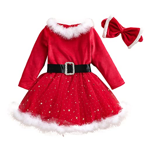 TiaoBug Baby Mädchen Kleidung Winter Warme Festlich Weihnachten Kleid Weihnachtskostüm Weihnachtskleid + Weihnachtsmütze + Umhang Rot C 98-104 von TiaoBug