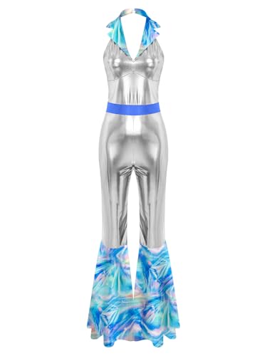 TiaoBug Damen 60er 70er Jahre Hippie Kostüm Metallic Jumpsuit Bedruckt Patchwork Overall Neckholder Rückenfrei Hemd mit Schlaghose Disco Modern Jazz Pants Blau XXL TiaoBug Damen 60er 70er Jahre Hippie Kostüm Metallic Jumpsuit Bedruckt Patchwork Overall Neckholder Rückenfrei Hemd mit Schlaghose Disco Modern Jazz Pants Blau XXL von TiaoBug