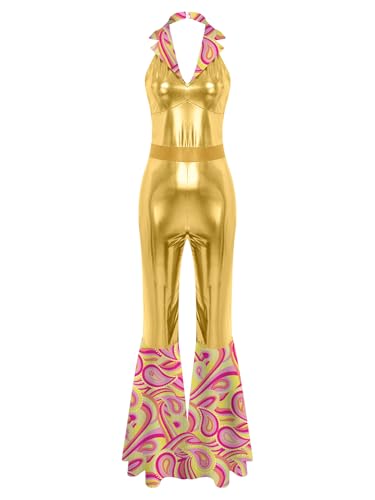 TiaoBug Damen 60er 70er Jahre Hippie Kostüm Metallic Jumpsuit Bedruckt Patchwork Overall Neckholder Rückenfrei Hemd mit Schlaghose Disco Modern Jazz Pants Gold L TiaoBug Damen 60er 70er Jahre Hippie Kostüm Metallic Jumpsuit Bedruckt Patchwork Overall Neckholder Rückenfrei Hemd mit Schlaghose Disco Modern Jazz Pants Gold L von TiaoBug