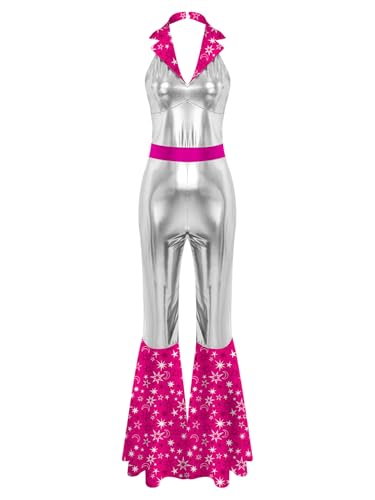 TiaoBug Damen 60er 70er Jahre Hippie Kostüm Metallic Jumpsuit Bedruckt Patchwork Overall Neckholder Rückenfrei Hemd mit Schlaghose Disco Modern Jazz Pants Hot Pink M TiaoBug Damen 60er 70er Jahre Hippie Kostüm Metallic Jumpsuit Bedruckt Patchwork Overall Neckholder Rückenfrei Hemd mit Schlaghose Disco Modern Jazz Pants Hot Pink M von TiaoBug