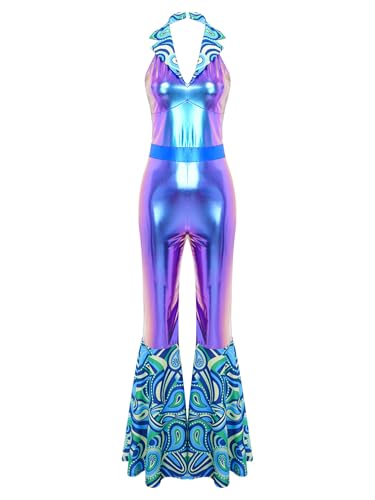 TiaoBug Damen 60er 70er Jahre Hippie Kostüm Metallic Jumpsuit Bedruckt Patchwork Overall Neckholder Rückenfrei Hemd mit Schlaghose Disco Modern Jazz Pants Schillerndes Blau S TiaoBug Damen 60er 70er Jahre Hippie Kostüm Metallic Jumpsuit Bedruckt Patchwork Overall Neckholder Rückenfrei Hemd mit Schlaghose Disco Modern Jazz Pants Schillerndes Blau S von TiaoBug