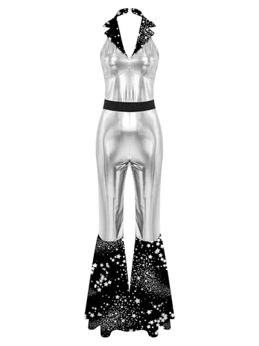 TiaoBug Damen 60er 70er Jahre Hippie Kostüm Metallic Jumpsuit Bedruckt Patchwork Overall Neckholder Rückenfrei Hemd mit Schlaghose Disco Modern Jazz Pants Silber L TiaoBug Damen 60er 70er Jahre Hippie Kostüm Metallic Jumpsuit Bedruckt Patchwork Overall Neckholder Rückenfrei Hemd mit Schlaghose Disco Modern Jazz Pants Silber L von TiaoBug