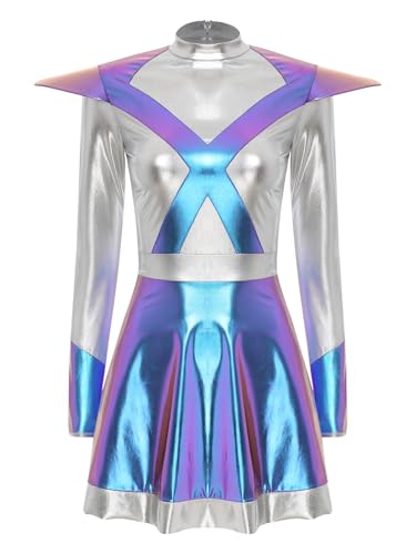 TiaoBug Damen Alien Kostüm Lack Leder Kleid Langarm Partykleid mit Farbblock Faltenrock Soldatin aus der Zukunst Weltraum Outfits Blau XXL TiaoBug Damen Alien Kostüm Lack Leder Kleid Langarm Partykleid mit Farbblock Faltenrock Soldatin aus der Zukunst Weltraum Outfits Blau XXL von TiaoBug