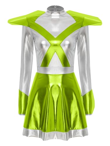 TiaoBug Damen Alien Kostüm Lack Leder Kleid Langarm Partykleid mit Farbblock Faltenrock Soldatin aus der Zukunst Weltraum Outfits Grün M TiaoBug Damen Alien Kostüm Lack Leder Kleid Langarm Partykleid mit Farbblock Faltenrock Soldatin aus der Zukunst Weltraum Outfits Grün M von TiaoBug