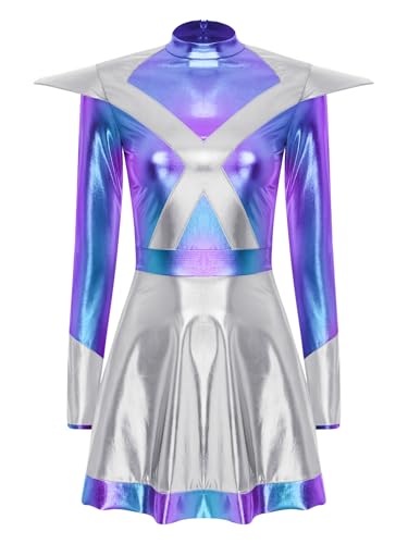 TiaoBug Damen Alien Kostüm Lack Leder Kleid Langarm Partykleid mit Farbblock Faltenrock Soldatin aus der Zukunst Weltraum Outfits Silber L TiaoBug Damen Alien Kostüm Lack Leder Kleid Langarm Partykleid mit Farbblock Faltenrock Soldatin aus der Zukunst Weltraum Outfits Silber L von TiaoBug