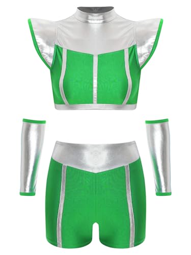 TiaoBug Damen Alien Kostüm Metallic Crop Top mit Kragen + Kurze Hose Slim Fit Stretch Shorts mit Glänzend Armstulpen Handschuhe Motto Party Outfits Clubwear Grün XXL TiaoBug Damen Alien Kostüm Metallic Crop Top mit Kragen + Kurze Hose Slim Fit Stretch Shorts mit Glänzend Armstulpen Handschuhe Motto Party Outfits Clubwear Grün XXL von TiaoBug