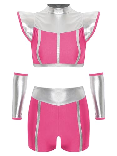 TiaoBug Damen Alien Kostüm Metallic Crop Top mit Kragen + Kurze Hose Slim Fit Stretch Shorts mit Glänzend Armstulpen Handschuhe Motto Party Outfits Clubwear Hot Pink XXL TiaoBug Damen Alien Kostüm Metallic Crop Top mit Kragen + Kurze Hose Slim Fit Stretch Shorts mit Glänzend Armstulpen Handschuhe Motto Party Outfits Clubwear Hot Pink XXL von TiaoBug