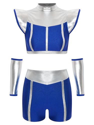 TiaoBug Damen Alien Kostüm Metallic Crop Top mit Kragen + Kurze Hose Slim Fit Stretch Shorts mit Glänzend Armstulpen Handschuhe Motto Party Outfits Clubwear Königsblau L von TiaoBug