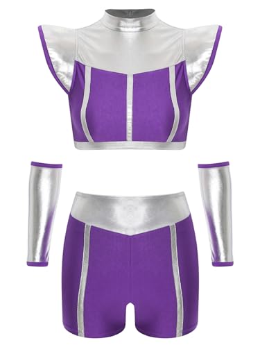 TiaoBug Damen Alien Kostüm Metallic Crop Top mit Kragen + Kurze Hose Slim Fit Stretch Shorts mit Glänzend Armstulpen Handschuhe Motto Party Outfits Clubwear Violett 3XL TiaoBug Damen Alien Kostüm Metallic Crop Top mit Kragen + Kurze Hose Slim Fit Stretch Shorts mit Glänzend Armstulpen Handschuhe Motto Party Outfits Clubwear Violett 3XL von TiaoBug