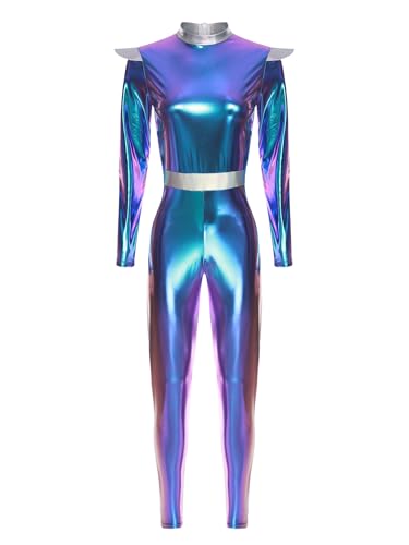 TiaoBug Damen Astronaut Kostüm Metallic Ganzkörperanzug Langarm Jumpsuit Overall Ballett Tanz Gymnastik Turn Leotard Alien Cosplay Motto Party Outfits Blau XXL von TiaoBug