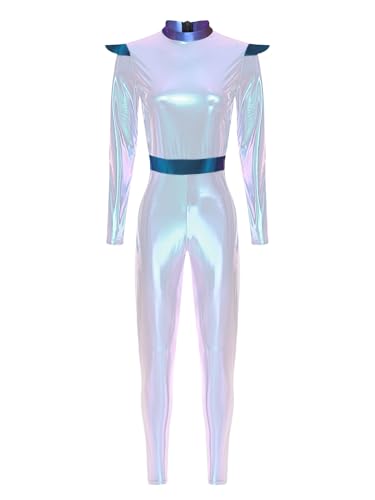 TiaoBug Damen Astronaut Kostüm Metallic Ganzkörperanzug Langarm Jumpsuit Overall Ballett Tanz Gymnastik Turn Leotard Alien Cosplay Motto Party Outfits Glänzend Silber S von TiaoBug