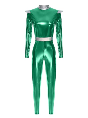 TiaoBug Damen Astronaut Kostüm Metallic Ganzkörperanzug Langarm Jumpsuit Overall Ballett Tanz Gymnastik Turn Leotard Alien Cosplay Motto Party Outfits Grün XXL von TiaoBug