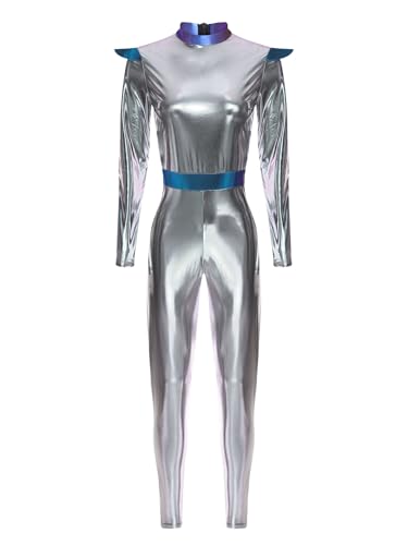 TiaoBug Damen Astronaut Kostüm Metallic Ganzkörperanzug Langarm Jumpsuit Overall Ballett Tanz Gymnastik Turn Leotard Alien Cosplay Motto Party Outfits Silber XL von TiaoBug