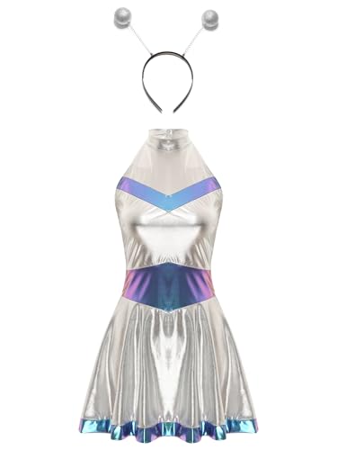 TiaoBug Damen Astronaut Kostüm Metallic Kleider Neckholder Top mit Faltenrock und Haarreifen Weltraum Raumfahrer Halloween Cosplay Mottoparty Outfits Blau XXL von TiaoBug
