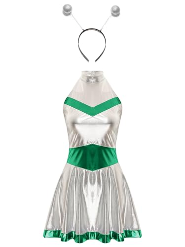 TiaoBug Damen Astronaut Kostüm Metallic Kleider Neckholder Top mit Faltenrock und Haarreifen Weltraum Raumfahrer Halloween Cosplay Mottoparty Outfits Grün 3XL TiaoBug Damen Astronaut Kostüm Metallic Kleider Neckholder Top mit Faltenrock und Haarreifen Weltraum Raumfahrer Halloween Cosplay Mottoparty Outfits Grün 3XL von TiaoBug