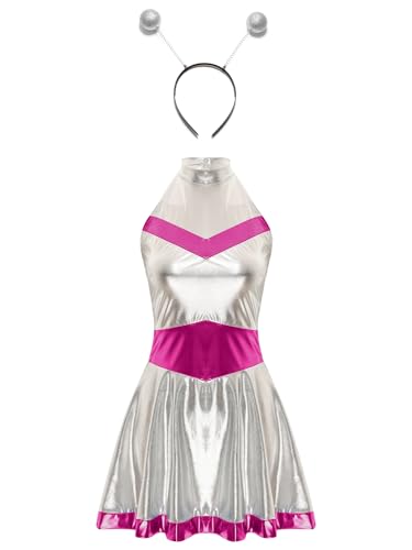 TiaoBug Damen Astronaut Kostüm Metallic Kleider Neckholder Top mit Faltenrock und Haarreifen Weltraum Raumfahrer Halloween Cosplay Mottoparty Outfits Hot Pink 4XL von TiaoBug
