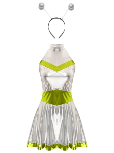 TiaoBug Damen Astronaut Kostüm Metallic Kleider Neckholder Top mit Faltenrock und Haarreifen Weltraum Raumfahrer Halloween Cosplay Mottoparty Outfits Leuchtendes Grün XXL von TiaoBug