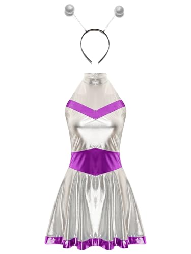 TiaoBug Damen Astronaut Kostüm Metallic Kleider Neckholder Top mit Faltenrock und Haarreifen Weltraum Raumfahrer Halloween Cosplay Mottoparty Outfits Violett XXL von TiaoBug