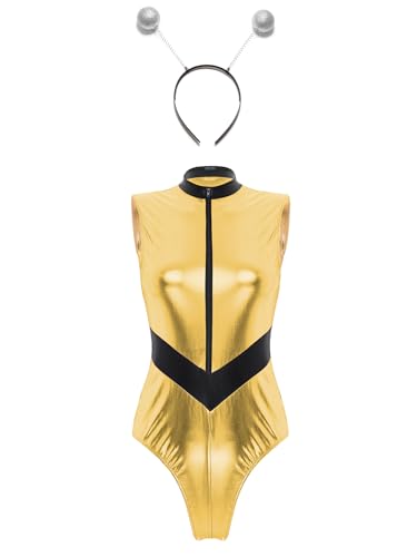 TiaoBug Damen Astronauten Kostüm Wetlook Body Glänzend Stringbody mit/ohne Handschuhe Halloween Raumanzug Mottoparty Outfits Gold F XL von TiaoBug