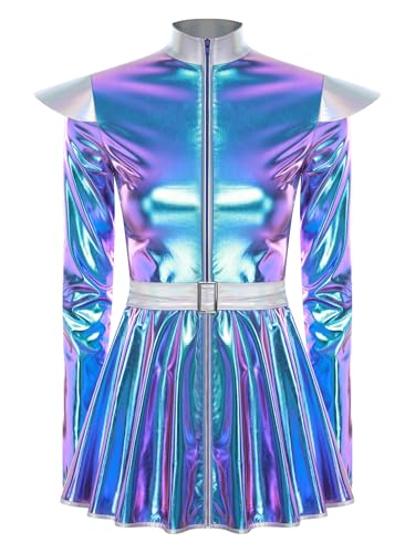 TiaoBug Damen Astronautin Kostüm Lackleder Kleid mit Volants Langarm Stehkragen Partykleid Raumfahrerin Weltraum Alien Halloween Cosplay Outfits Blau S von TiaoBug