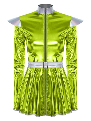 TiaoBug Damen Astronautin Kostüm Lackleder Kleid mit Volants Langarm Stehkragen Partykleid Raumfahrerin Weltraum Alien Halloween Cosplay Outfits Grün 3XL von TiaoBug