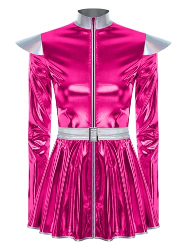 TiaoBug Damen Astronautin Kostüm Lackleder Kleid mit Volants Langarm Stehkragen Partykleid Raumfahrerin Weltraum Alien Halloween Cosplay Outfits Hot Pink L von TiaoBug