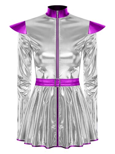 TiaoBug Damen Astronautin Kostüm Lackleder Kleid mit Volants Langarm Stehkragen Partykleid Raumfahrerin Weltraum Alien Halloween Cosplay Outfits Silber S von TiaoBug