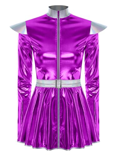 TiaoBug Damen Astronautin Kostüm Lackleder Kleid mit Volants Langarm Stehkragen Partykleid Raumfahrerin Weltraum Alien Halloween Cosplay Outfits Violett XXL von TiaoBug