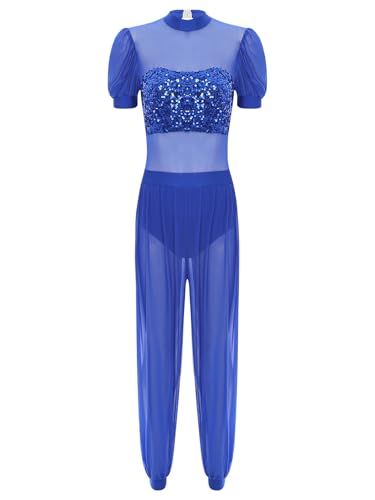 TiaoBug Damen Bauchtanz Kostüm Kurzarm Jumpsuit Mesh Pailletten Overall mit Weite Hose Beinschlitz Prinzessin Halloween Cosplay Outfits Blau M von TiaoBug