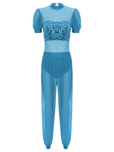 TiaoBug Damen Bauchtanz Kostüm Kurzarm Jumpsuit Mesh Pailletten Overall mit Weite Hose Beinschlitz Prinzessin Halloween Cosplay Outfits Hellblau S von TiaoBug